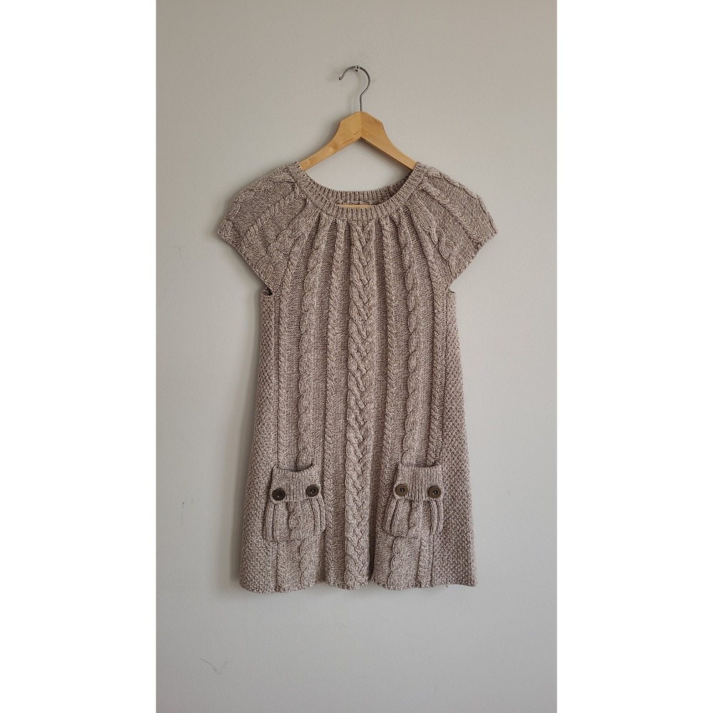 Style & Co Womens‎ Cable Knit Sweater Dress Taupe Short Sleeve Pockets Size xs/s